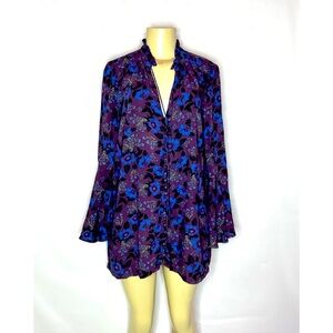 FREE PEOPLE PURPLE MULTI FLORAL LONG SLEEVE TUNIC BLOUSE SIZE S